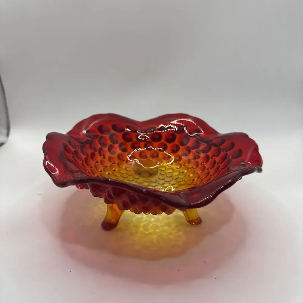 Vintage Fenton Art Glass AMBERINA Hobnail Footed Dish Bowl 6.5” in Red Orange *